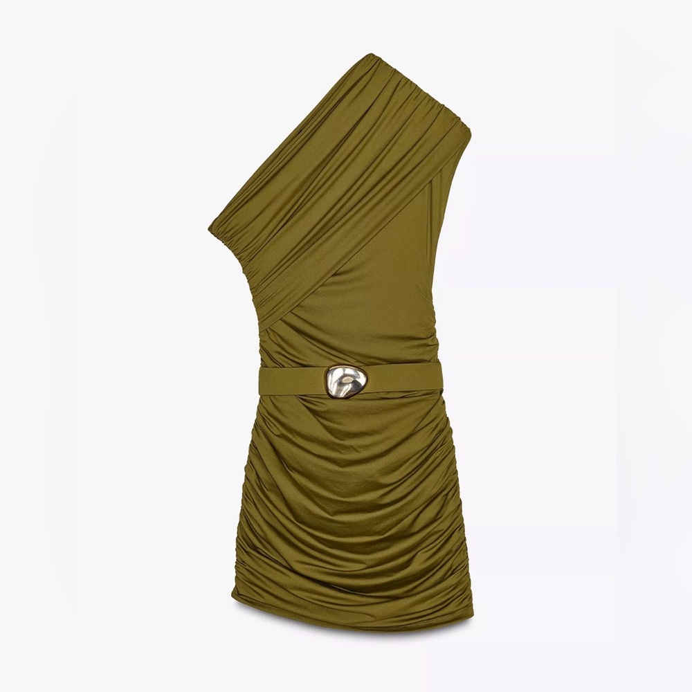 Olive Asymmetrical Dress with Gold Accent